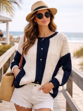 Handknit Cozy Two-Tone Cable Knit Sweater Cardigan - Cream & Navy